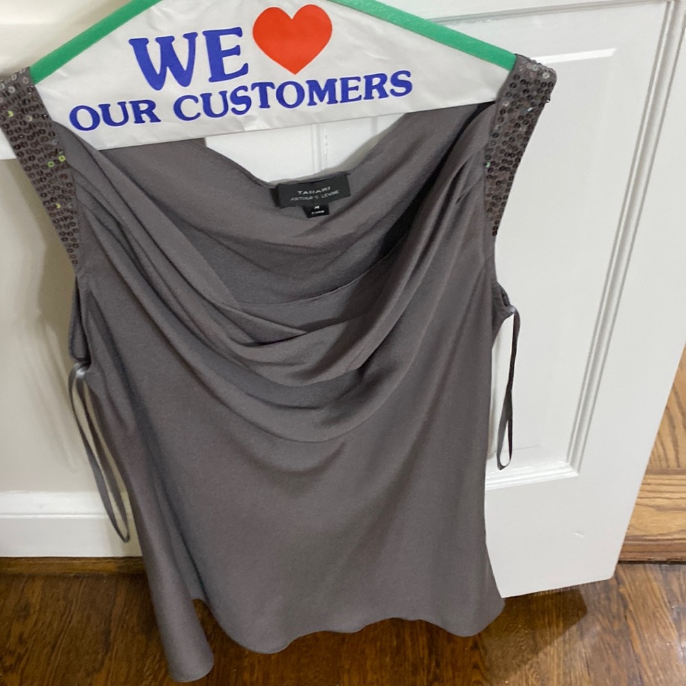 Tahari grey blouse with sparkles on the shoulder